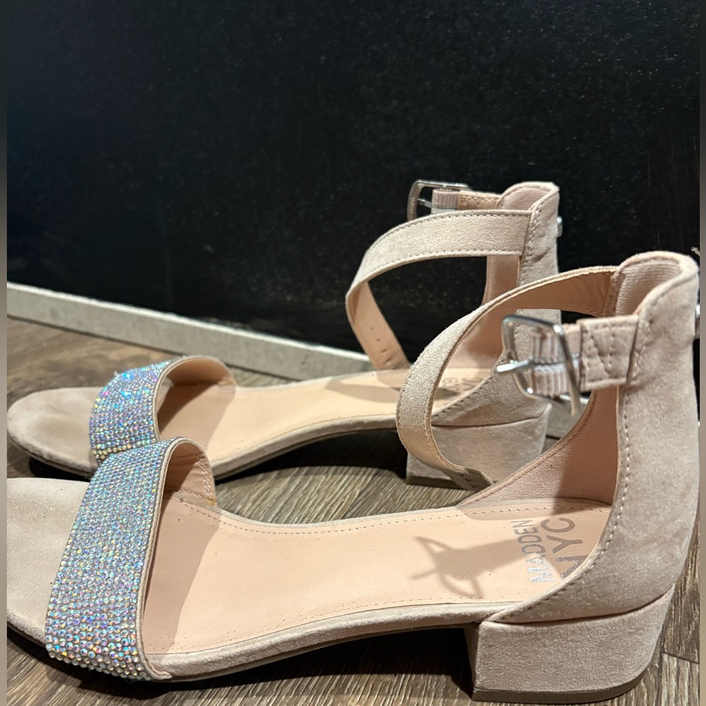 Chic Beige Ankle Strap Heels with Sparkling Detail